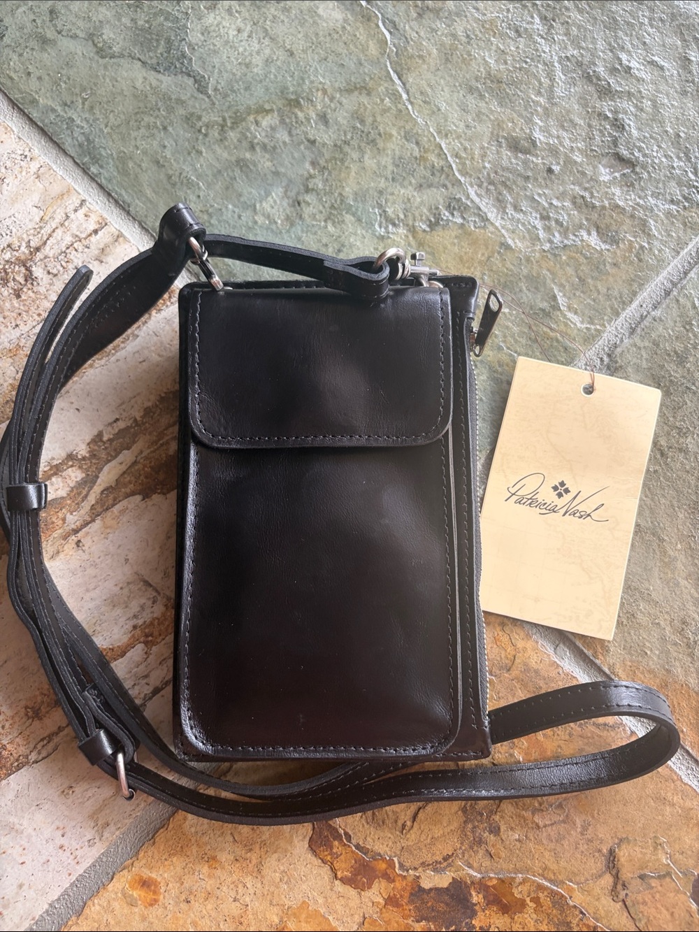 Patricia Nash Black Leather Card & Phone Crossbody